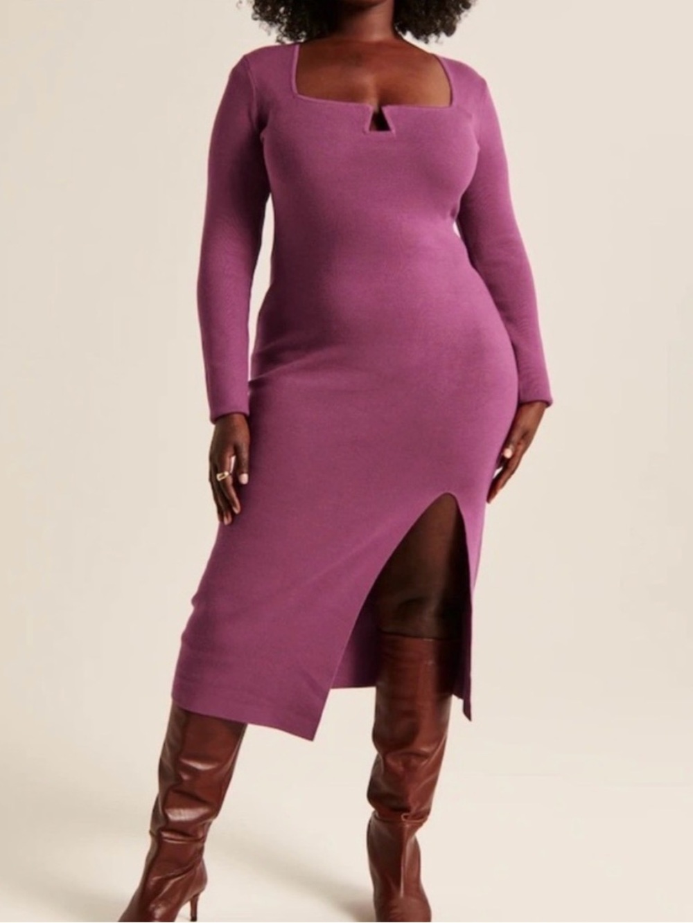 Abercrombie & Fitch Long Sleeve Square Neck Midi Dress in Plum